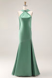 Halter Green Mermaid Long Satin Bridesmaid Dress with Slit