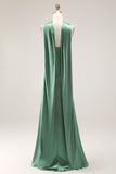 Halter Green Mermaid Long Satin Bridesmaid Dress with Slit