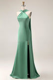 Halter Green Mermaid Long Satin Bridesmaid Dress with Slit