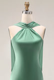 Halter Green Mermaid Long Satin Bridesmaid Dress with Slit