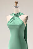 Halter Green Mermaid Long Satin Bridesmaid Dress with Slit