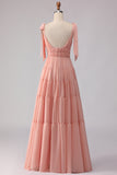 Blush A Line Bow Straps Ruched Open Back Chiffon Long Bridesmaid Dress