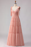 Blush A Line Bow Straps Ruched Open Back Chiffon Long Bridesmaid Dress