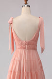 Blush A Line Bow Straps Ruched Open Back Chiffon Long Bridesmaid Dress