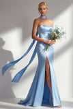 Blue Mermaid Strapless Side Slit Long Bridesmaid Dress with a Neck Scarf