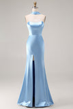 Blue Mermaid Strapless Side Slit Long Bridesmaid Dress with a Neck Scarf