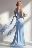Blue Mermaid Strapless Side Slit Long Bridesmaid Dress with a Neck Scarf