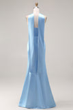 Blue Mermaid Strapless Side Slit Long Bridesmaid Dress with a Neck Scarf