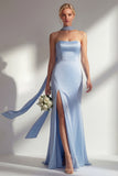 Blue Mermaid Strapless Side Slit Long Bridesmaid Dress with a Neck Scarf