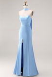 Blue Mermaid Strapless Side Slit Long Bridesmaid Dress with a Neck Scarf