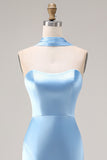Blue Mermaid Strapless Side Slit Long Bridesmaid Dress with a Neck Scarf
