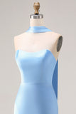 Blue Mermaid Strapless Side Slit Long Bridesmaid Dress with a Neck Scarf