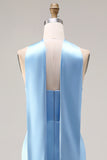 Blue Mermaid Strapless Side Slit Long Bridesmaid Dress with a Neck Scarf