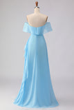 Off The Shoulder Blue A-Line Ruffled Chiffon Long Bridesmaid Dress