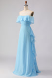 Off The Shoulder Blue A-Line Ruffled Chiffon Long Bridesmaid Dress