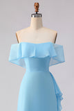 Off The Shoulder Blue A-Line Ruffled Chiffon Long Bridesmaid Dress