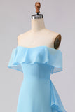Off The Shoulder Blue A-Line Ruffled Chiffon Long Bridesmaid Dress