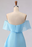 Off The Shoulder Blue A-Line Ruffled Chiffon Long Bridesmaid Dress