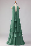 Green A-Line Ruffled Sweetheart Long Bridesmaid Dress with a Neck Scarf