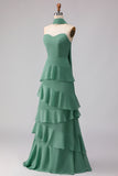 Green A-Line Ruffled Sweetheart Long Bridesmaid Dress with a Neck Scarf