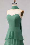 Green A-Line Ruffled Sweetheart Long Bridesmaid Dress with a Neck Scarf