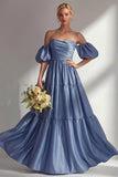 Steel Blue Off The Shoulder Satin A-Line Maxi Dress with Removable Sleeves