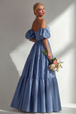 Steel Blue Off The Shoulder Satin A-Line Maxi Dress with Removable Sleeves