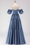 Steel Blue Off The Shoulder Satin A-Line Long Prom Dress with Removable Sleeves