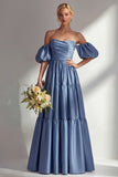 Steel Blue Off The Shoulder Satin A-Line Maxi Dress with Removable Sleeves