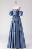 Steel Blue Off The Shoulder Satin A-Line Long Prom Dress with Removable Sleeves