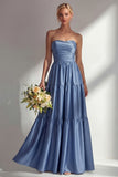 Steel Blue Off The Shoulder Satin A-Line Maxi Dress with Removable Sleeves