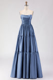 Steel Blue Off The Shoulder Satin A-Line Long Prom Dress with Removable Sleeves