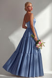 Steel Blue Off The Shoulder Satin A-Line Maxi Dress with Removable Sleeves