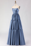 Steel Blue Off The Shoulder Satin A-Line Long Prom Dress with Removable Sleeves