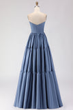 Steel Blue Off The Shoulder Satin A-Line Long Prom Dress with Removable Sleeves
