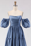 Steel Blue Off The Shoulder Satin A-Line Long Prom Dress with Removable Sleeves