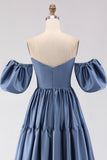 Steel Blue Off The Shoulder Satin A-Line Long Prom Dress with Removable Sleeves