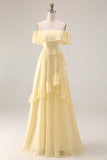 Light Yellow A-Line Off The Shoulder Chiffon Long Bridesmaid Dress with Ruffles