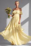 Light Yellow A-Line Off The Shoulder Chiffon Long Bridesmaid Dress with Ruffles