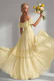 Light Yellow A-Line Off The Shoulder Chiffon Long Bridesmaid Dress with Ruffles