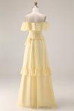 Light Yellow A-Line Off The Shoulder Chiffon Long Bridesmaid Dress with Ruffles