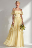 Light Yellow A-Line Off The Shoulder Chiffon Long Bridesmaid Dress with Ruffles