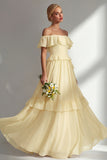 Light Yellow A-Line Off The Shoulder Chiffon Long Bridesmaid Dress with Ruffles