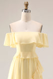 Light Yellow A-Line Off The Shoulder Chiffon Long Bridesmaid Dress with Ruffles