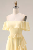 Light Yellow A-Line Off The Shoulder Chiffon Long Bridesmaid Dress with Ruffles