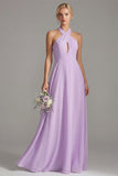 Halter A Line Lilac Cut Out Chiffon Long Bridesmaid Dress