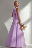 Halter A Line Lilac Cut Out Chiffon Long Bridesmaid Dress