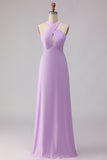 Halter A Line Lilac Cut Out Chiffon Long Bridesmaid Dress