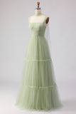 Dusty Sage A-Line Pleated Tulle Long Bridesmaid Dress with Streamer
