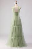 Dusty Sage A-Line Pleated Tulle Long Bridesmaid Dress with Streamer